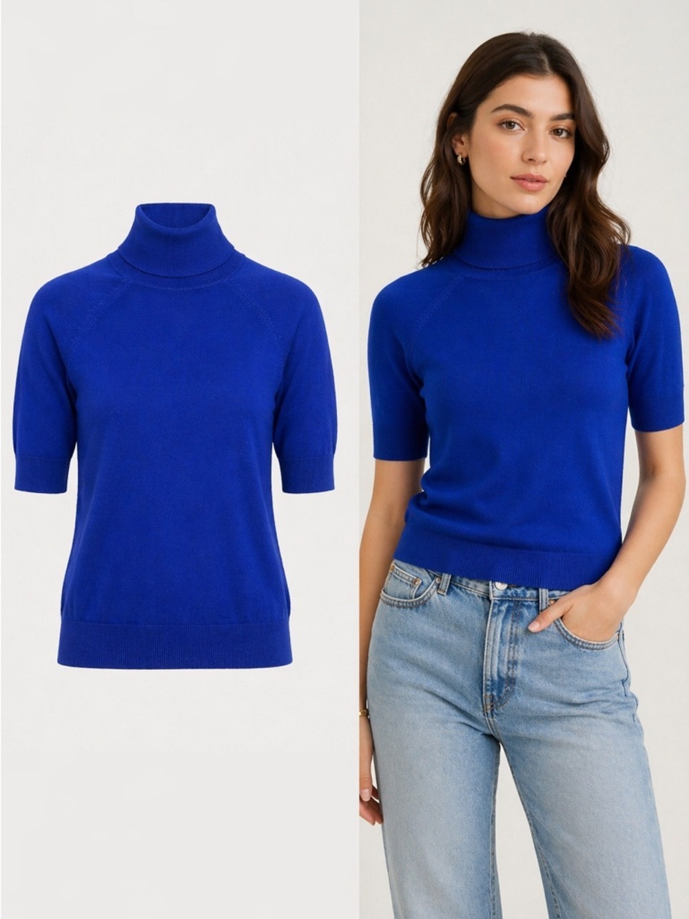 ZARA | Blue Knit Turtleneck Short Sleeve Sweater | Ribbed | Size S